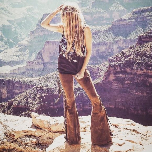Sew Red Pants - SHORT LENGTH High Waisted Fringe Bellbottoms in GOLDEN BROWN TIE DYE XS S M L XL